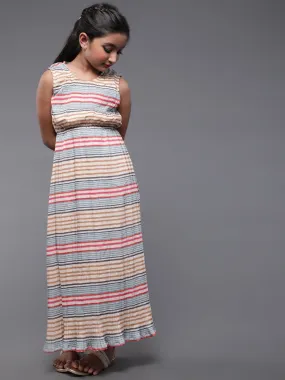 Girl's Beige & Red Striped Printed Pleated Maxi Dress - Aks Girls