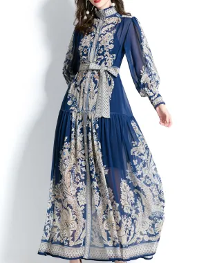 Navy Stand Collar Floral Print Long Sleeve Bohemian Dress Maxi Dress