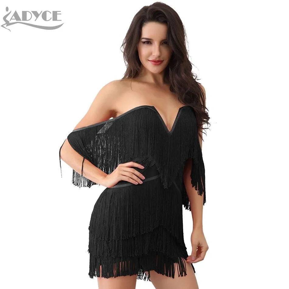 ADYCE Elegant V Neck Off Shoulder Sexy Fringe Short Sleeve Tassel Bandage Party Dress - H3048