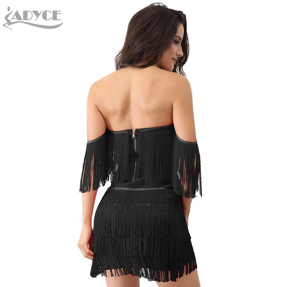 ADYCE Elegant V Neck Off Shoulder Sexy Fringe Short Sleeve Tassel Bandage Party Dress - H3048