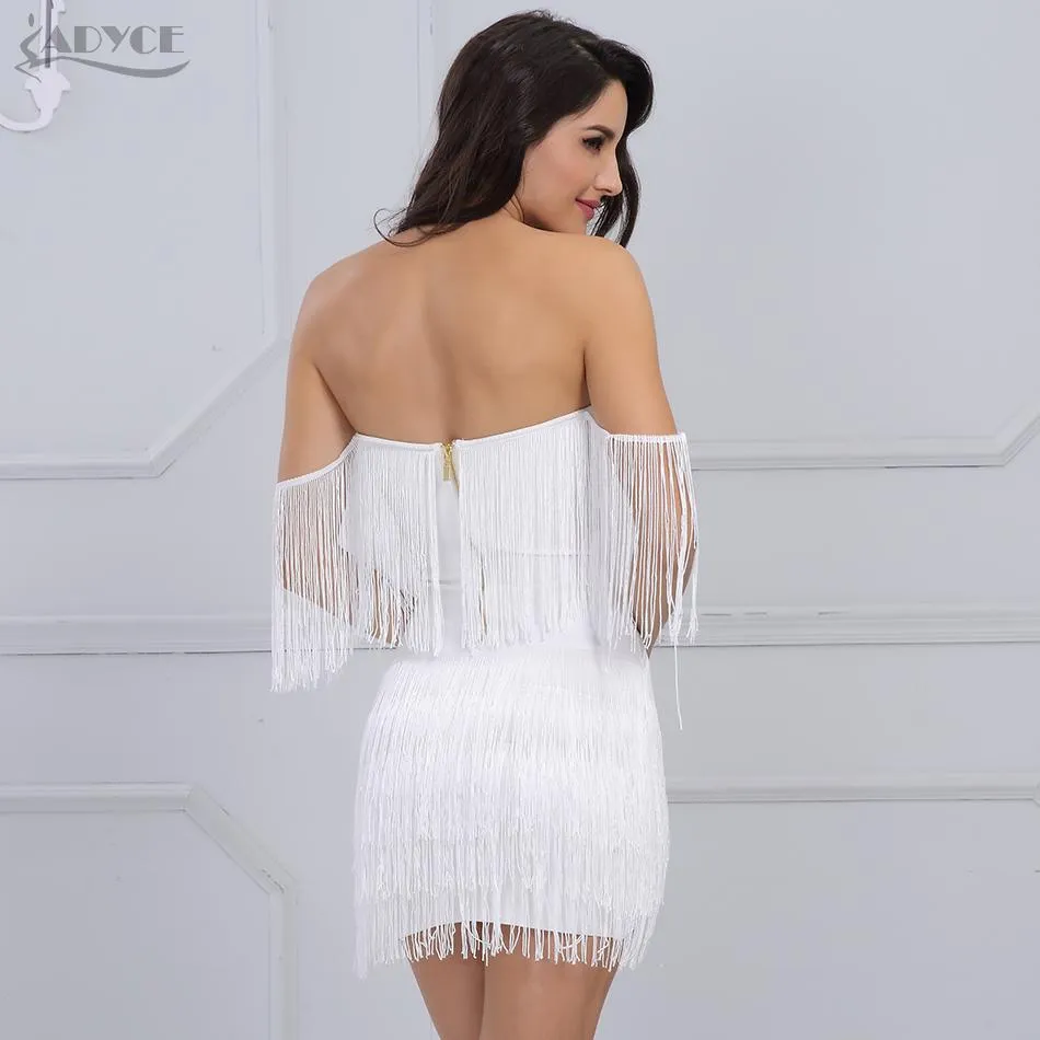 ADYCE Elegant V Neck Off Shoulder Sexy Fringe Short Sleeve Tassel Bandage Party Dress - H3048