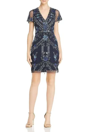 Aidan Mattox V-Neck Short Sleeve Embellished Zipper Back Mesh Dress