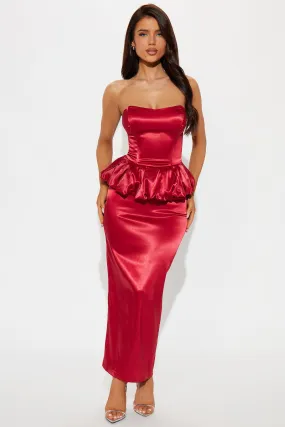 Angelina Peplum Stretch Satin Midi Dress - Red