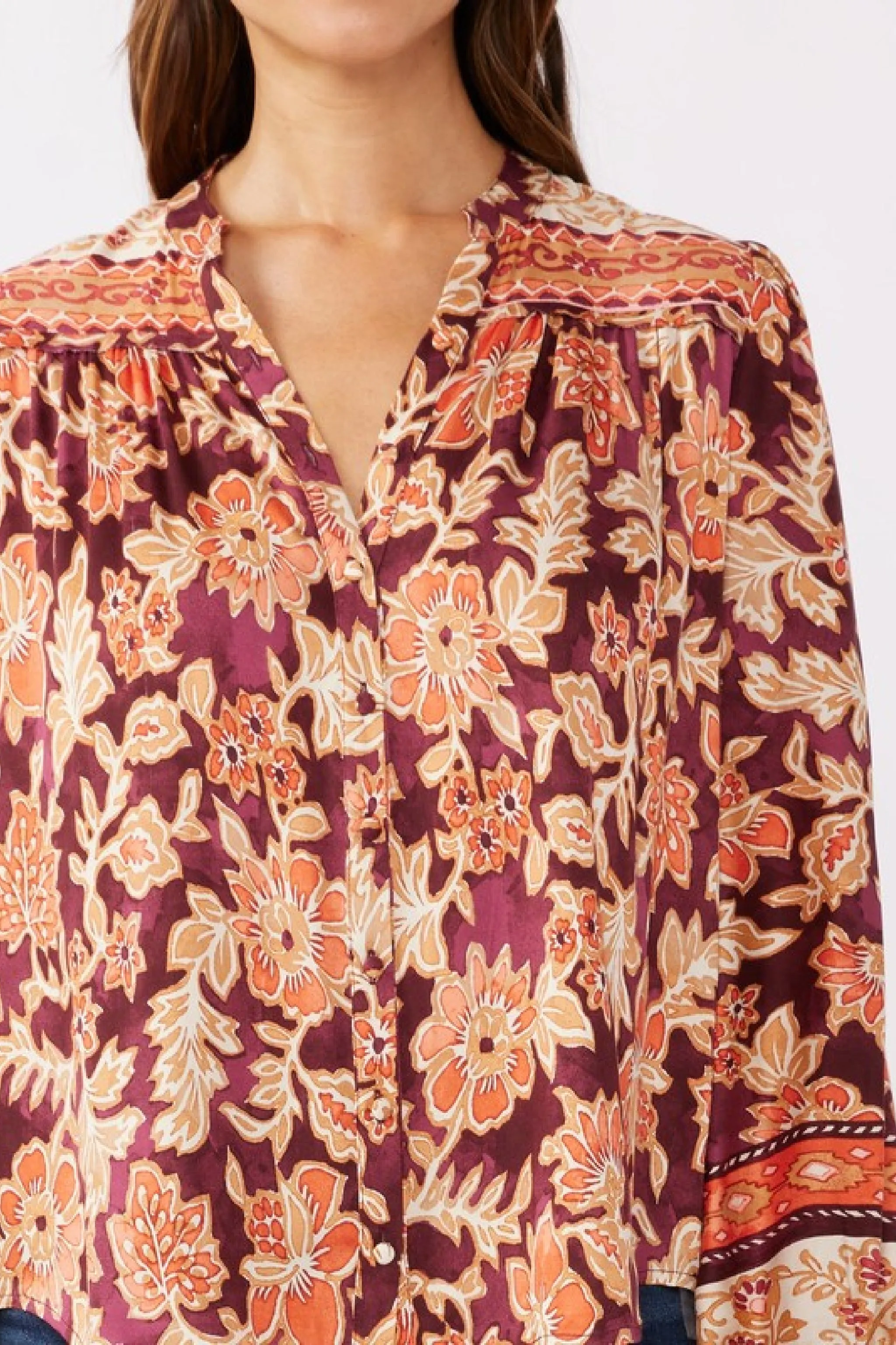 Angie Long Sleeve Button Down Floral Print Top Burgundy