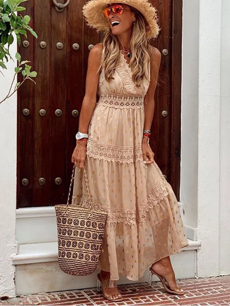 BerryBetty - Boho Lace V Neck Sundress Elegant Party Dress