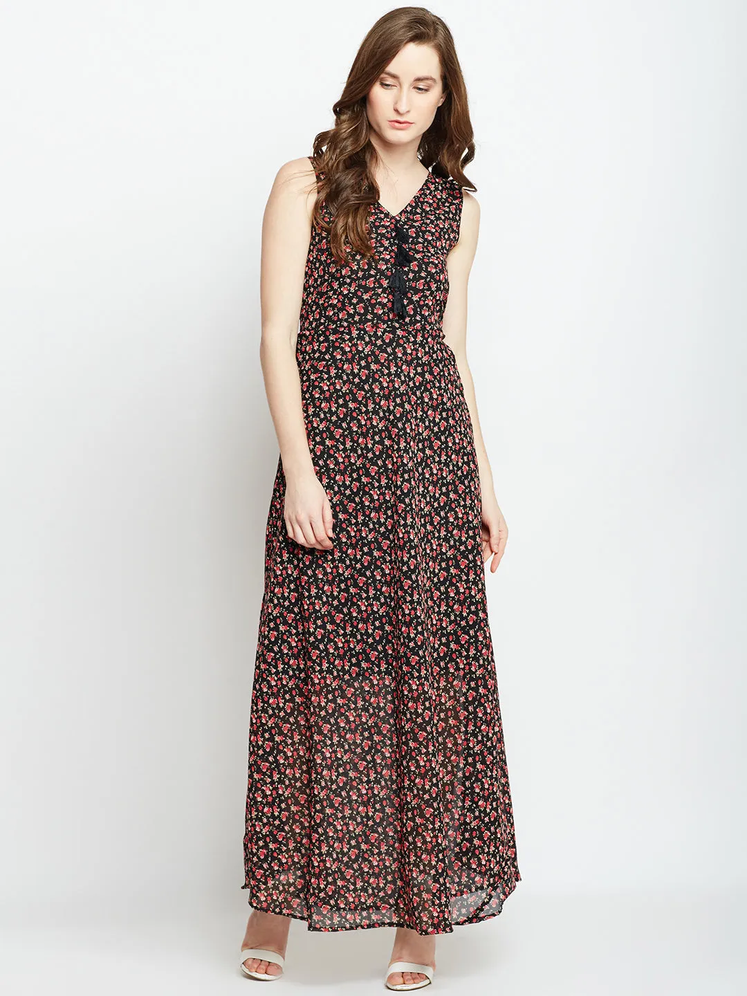 Berrylush Women Black & Red Floral Printed V-Neck Front Tie-Up Flared Maxi Dress