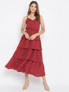 Berrylush Women Red Polka Dot Printed V-Neck Tiered Fit & Flare Midi Dress