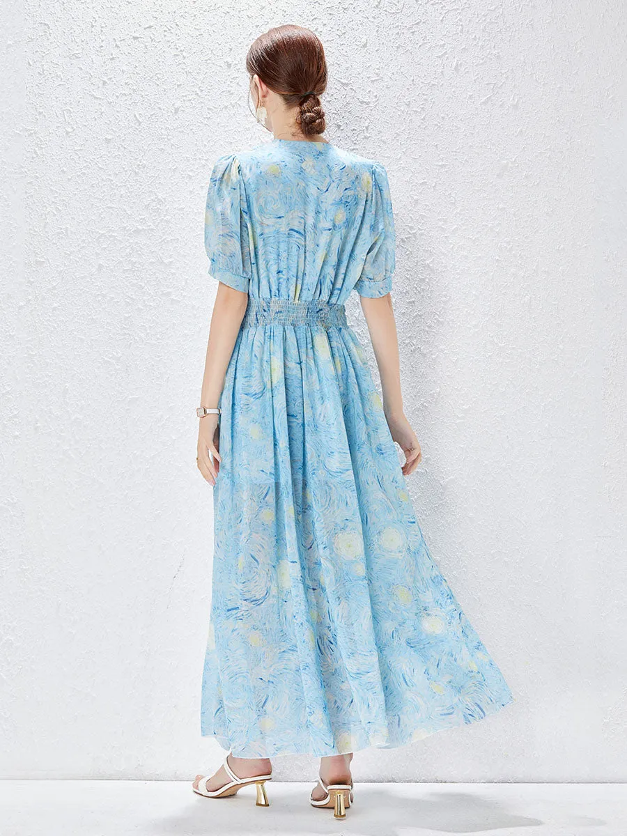 Blue Short Sleeves V Neck Chiffon High Waist Maxi Boho Dress