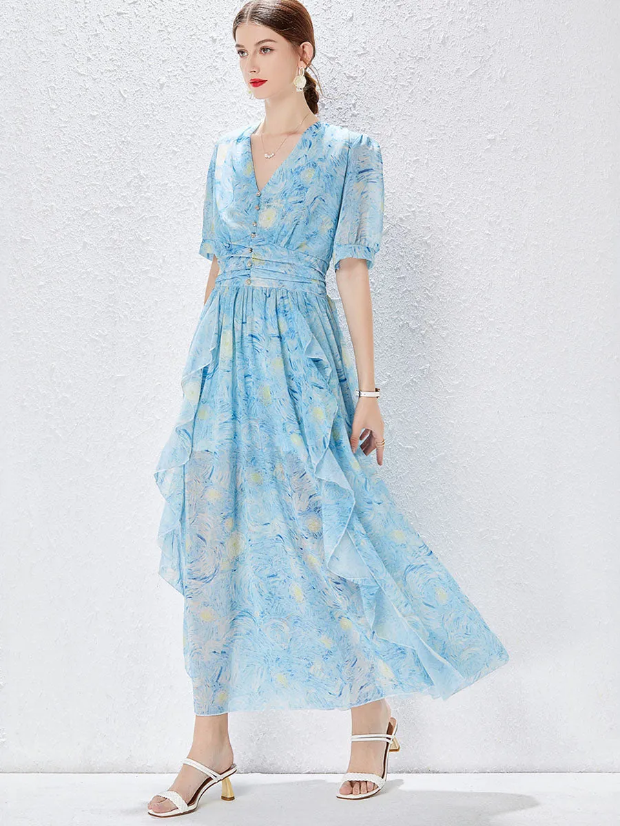 Blue Short Sleeves V Neck Chiffon High Waist Maxi Boho Dress