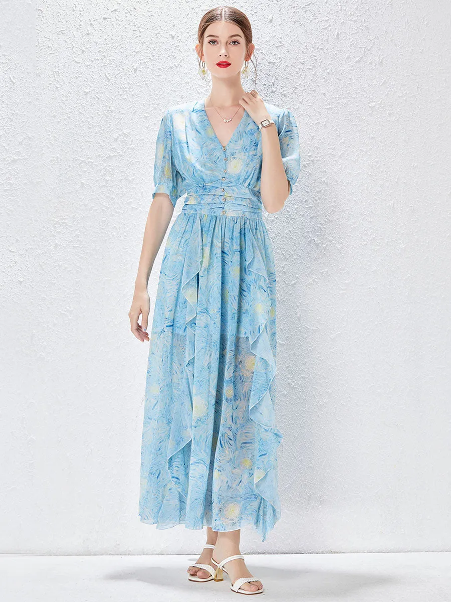 Blue Short Sleeves V Neck Chiffon High Waist Maxi Boho Dress