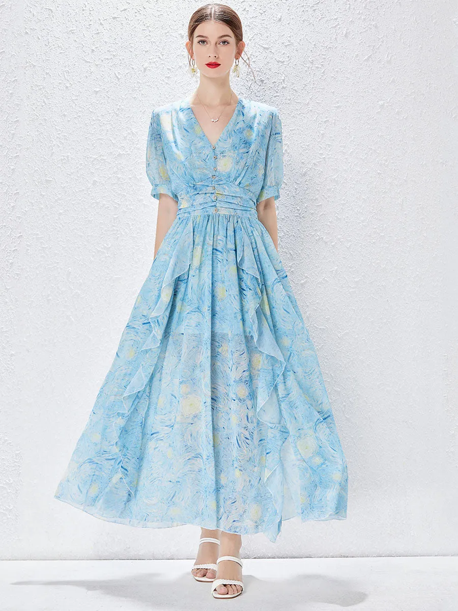 Blue Short Sleeves V Neck Chiffon High Waist Maxi Boho Dress