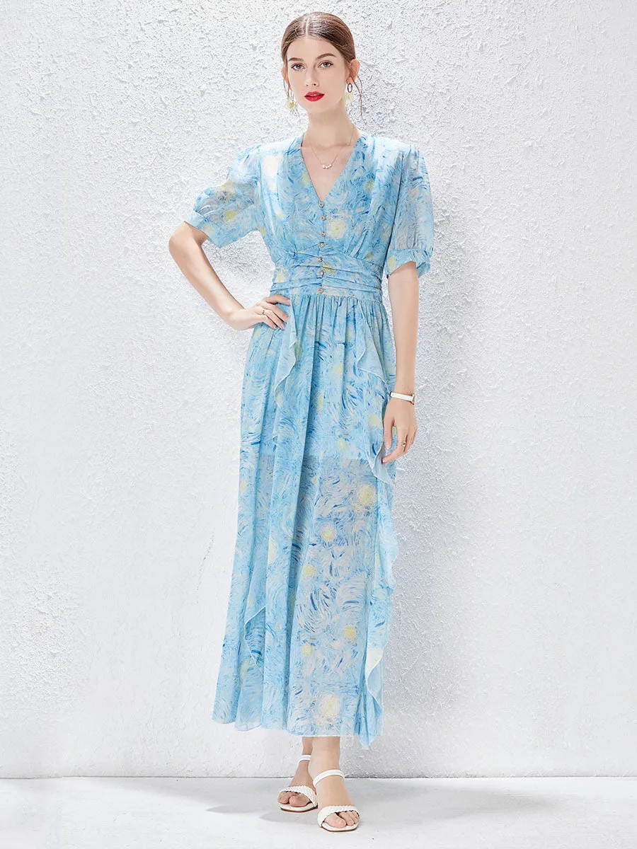 Blue Short Sleeves V Neck Chiffon High Waist Maxi Boho Dress