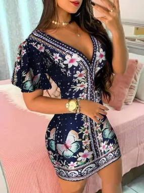 Bodycon V Neck Floral Short Sleeve Mini Dress