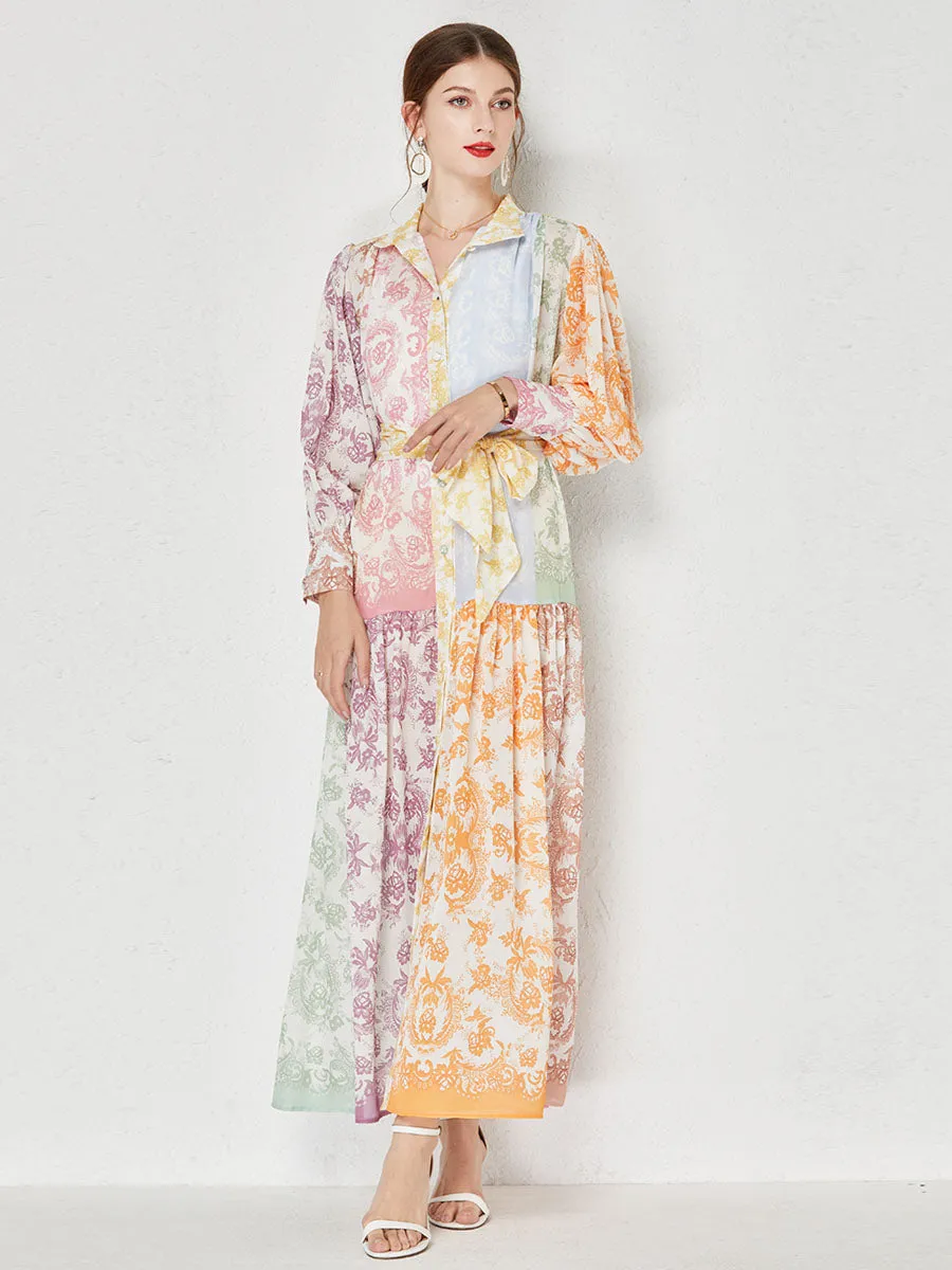 Color Block Long Sleeves Floral Printed Maxi Boho Dress