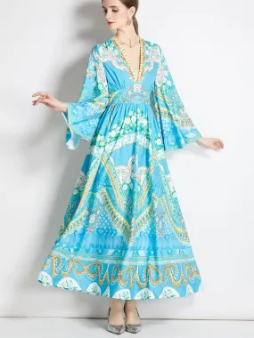 Deep V Neck Long Flared Sleeve High Waist Floral Printed Maxi Beach Dress