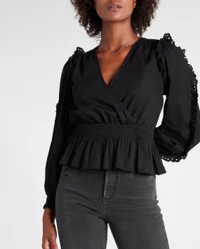 Eyelet Ruffle Wrap Front Peplum Top in Pitch Black