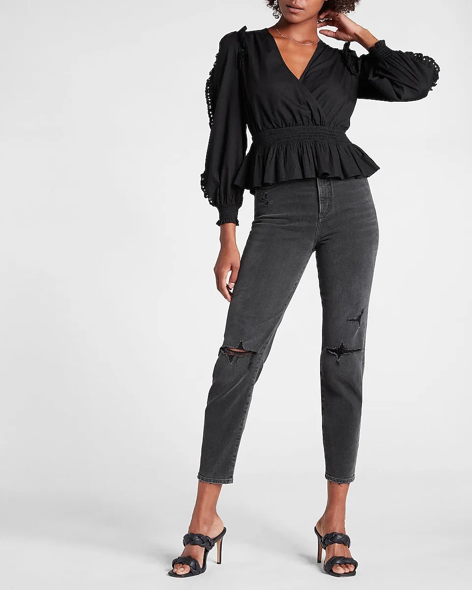 Eyelet Ruffle Wrap Front Peplum Top in Pitch Black