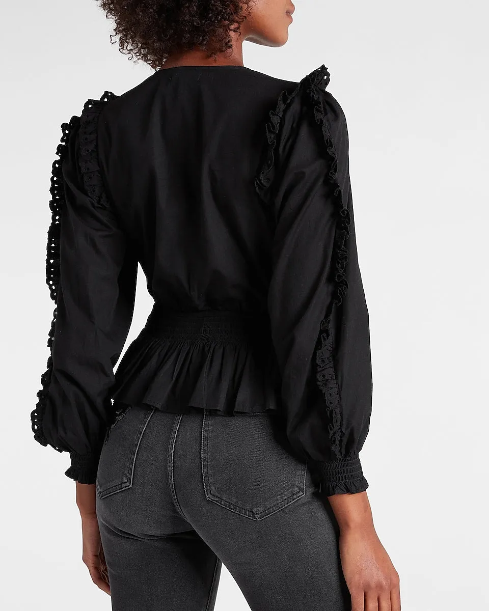 Eyelet Ruffle Wrap Front Peplum Top in Pitch Black