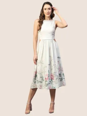 Floral Printed Rayon Twill Waist Cutout Dress