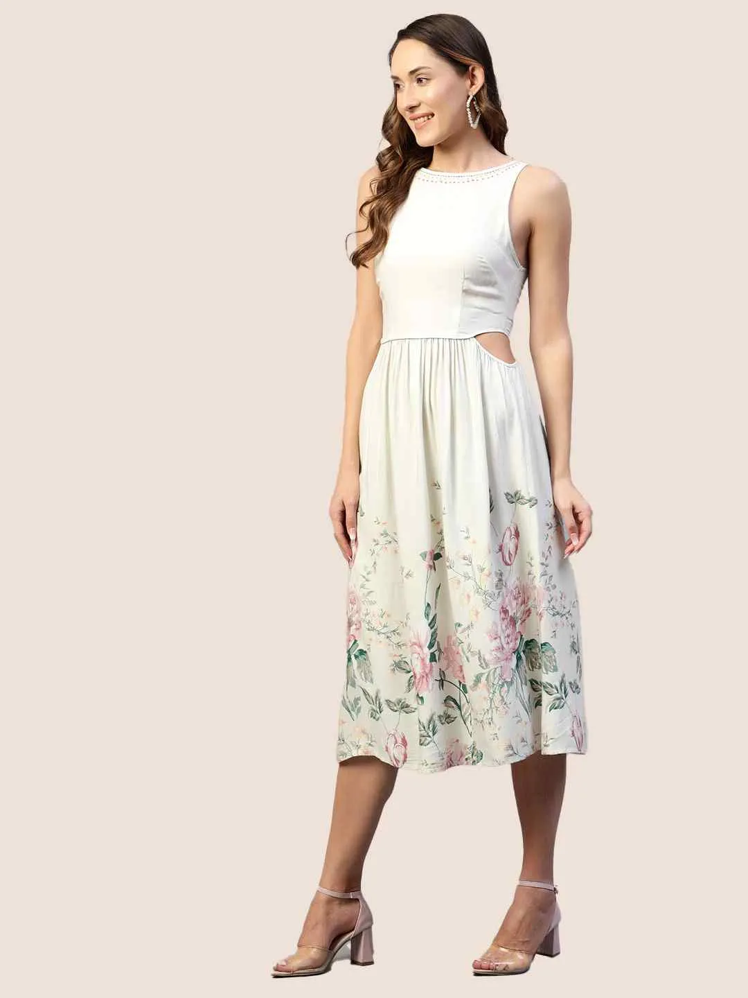 Floral Printed Rayon Twill Waist Cutout Dress