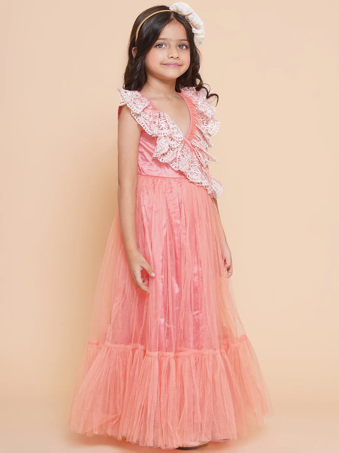 Girl's Peach Net Embroidered Frill Gown - Bitiya By Bhama