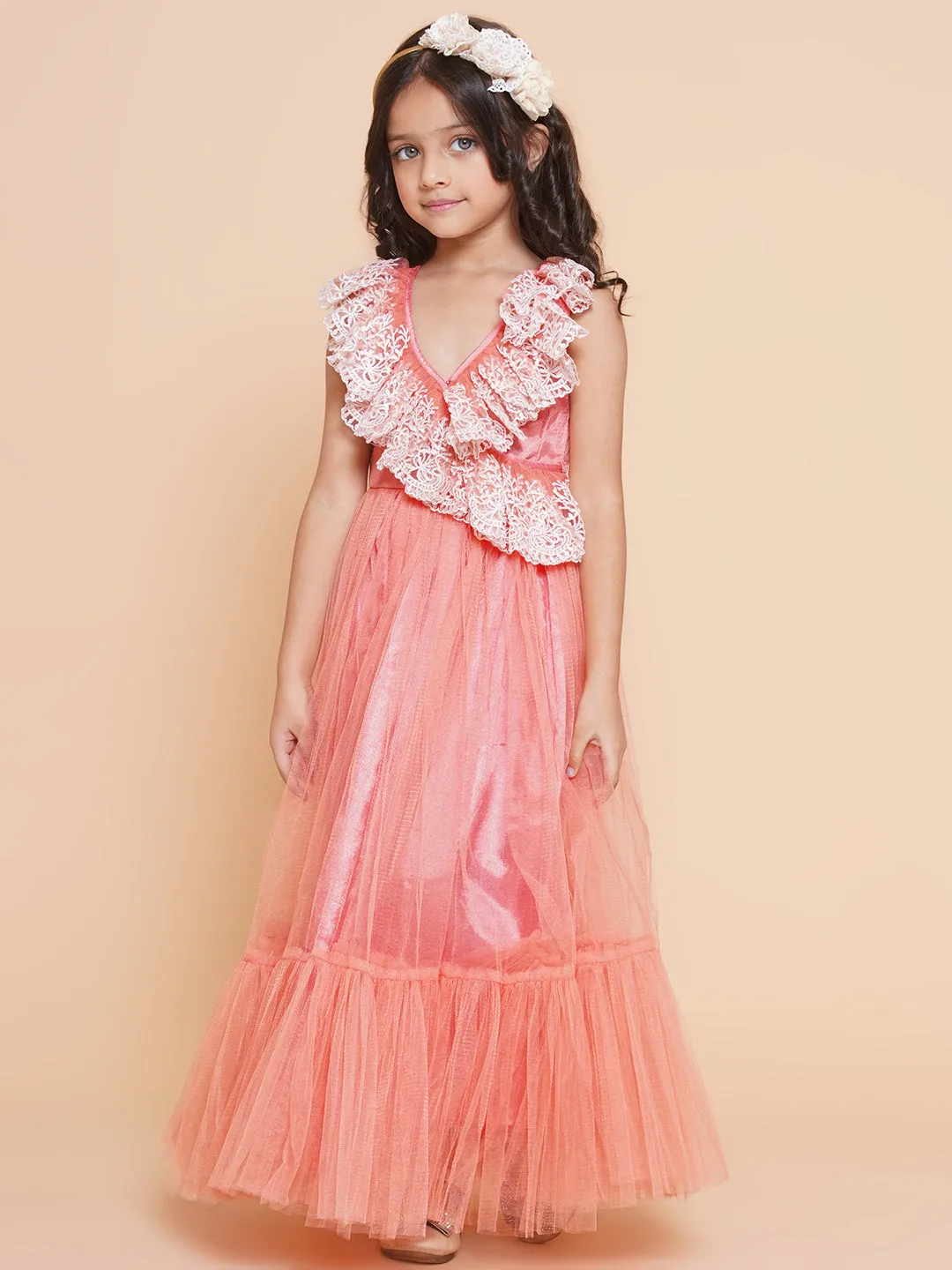 Girl's Peach Net Embroidered Frill Gown - Bitiya By Bhama