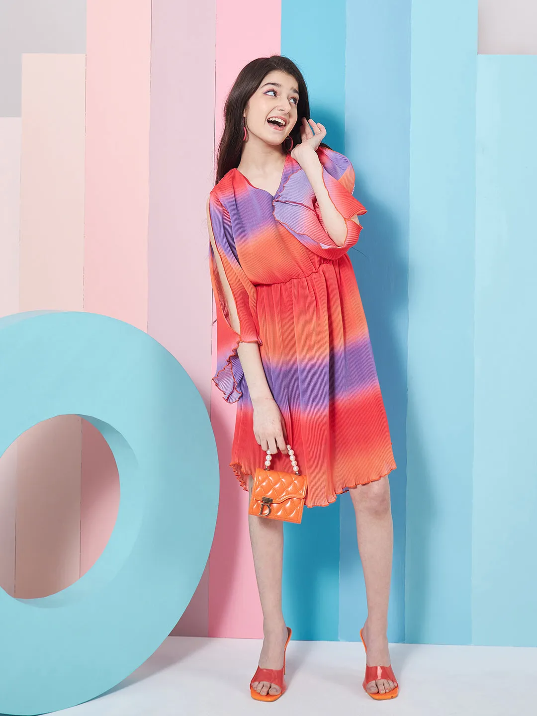 Girls V-Neck Tie And Dye Striped Flared Sleeve Fit Flare Dress - PS Peaches