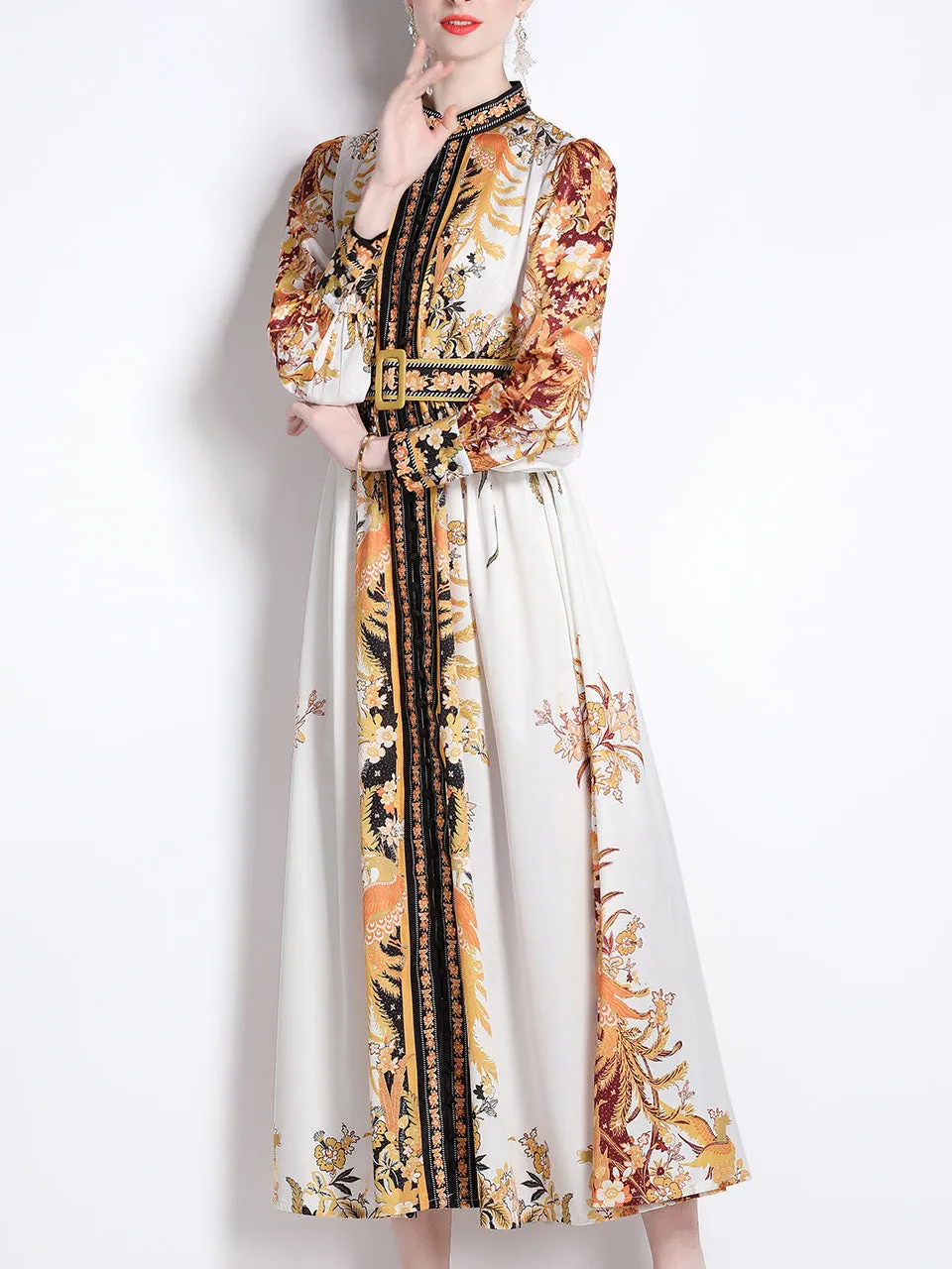 Gold Floral Print Stand Collar Long Sleeve Maxi Holiday Dress