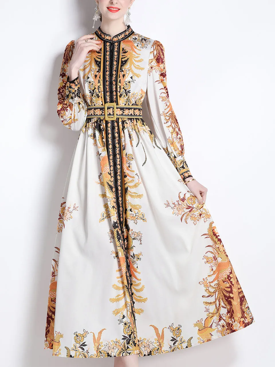 Gold Floral Print Stand Collar Long Sleeve Maxi Holiday Dress