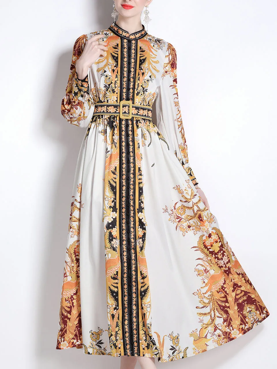 Gold Floral Print Stand Collar Long Sleeve Maxi Holiday Dress