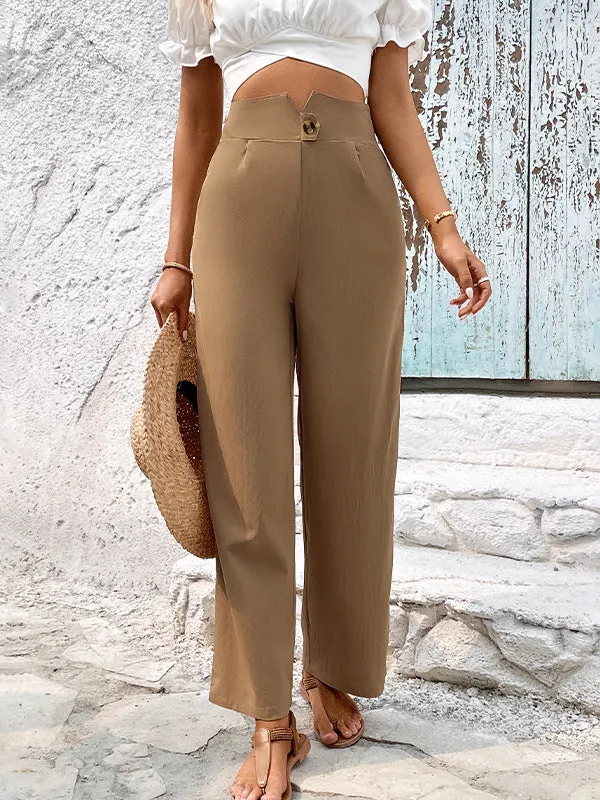 High Waisted Loose Buttoned Pleated Pockets Solid Color Pants Trousers