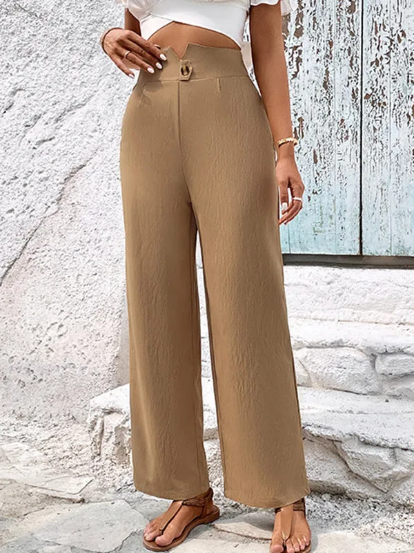 High Waisted Loose Buttoned Pleated Pockets Solid Color Pants Trousers