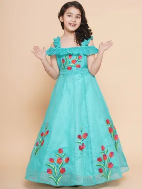 Jashvi Sea Green Floral Embroidered Maxi Dress