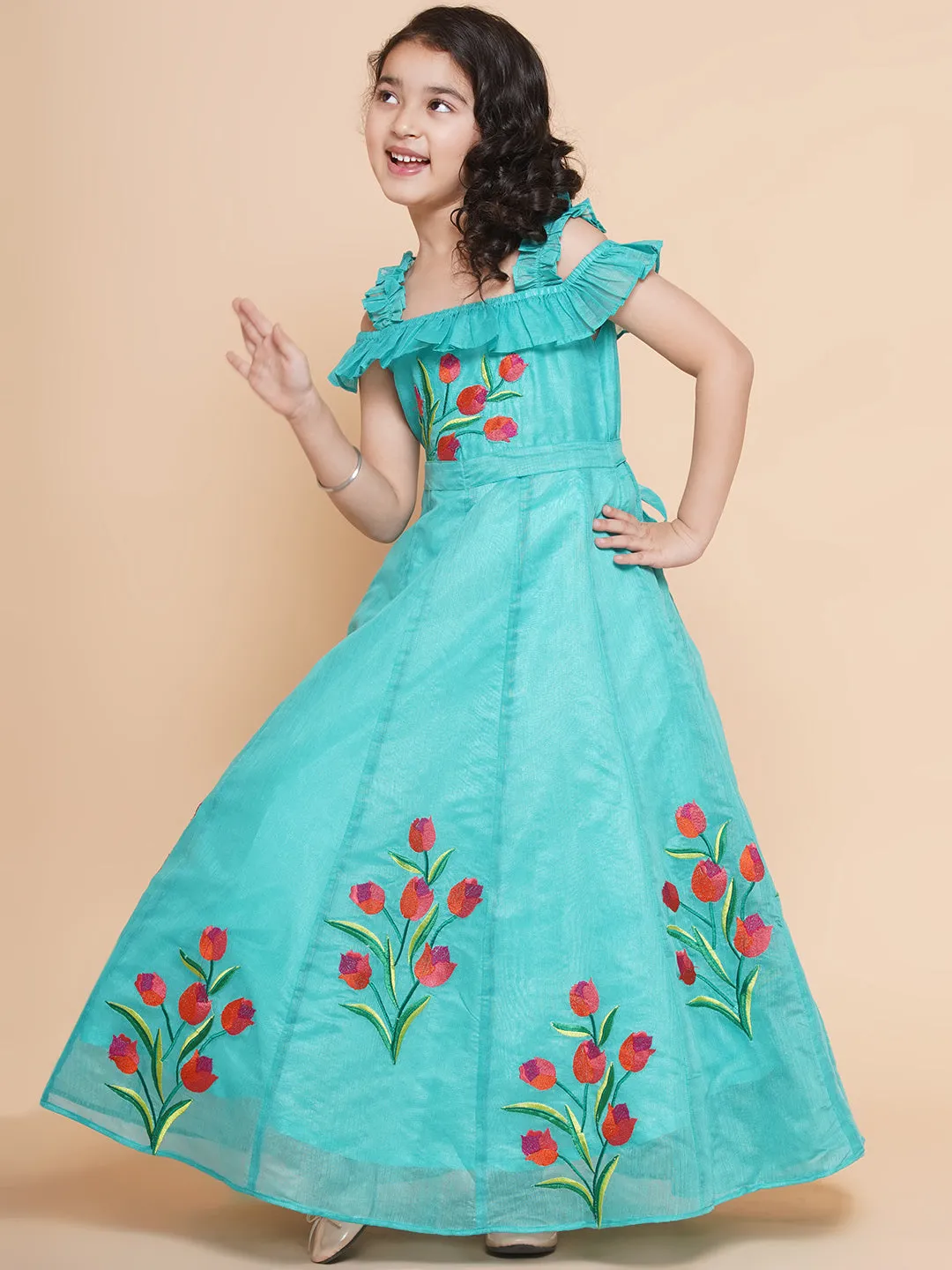 Jashvi Sea Green Floral Embroidered Maxi Dress