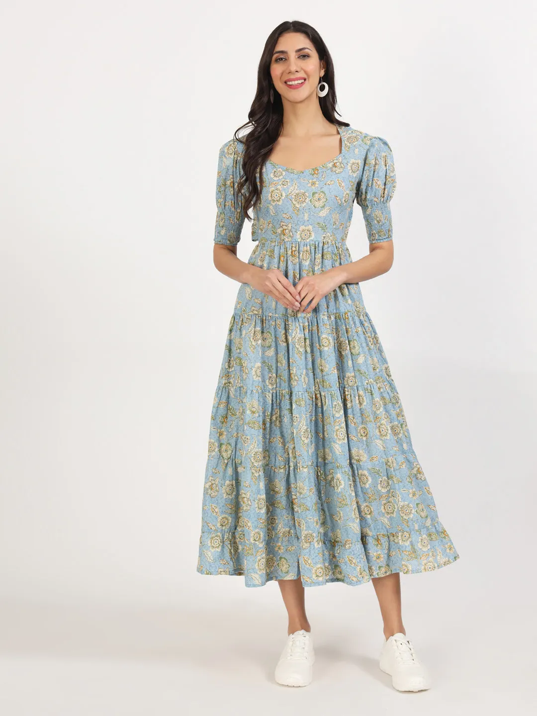 Jashvi Sky Blue Floral Printed Calf length Dress