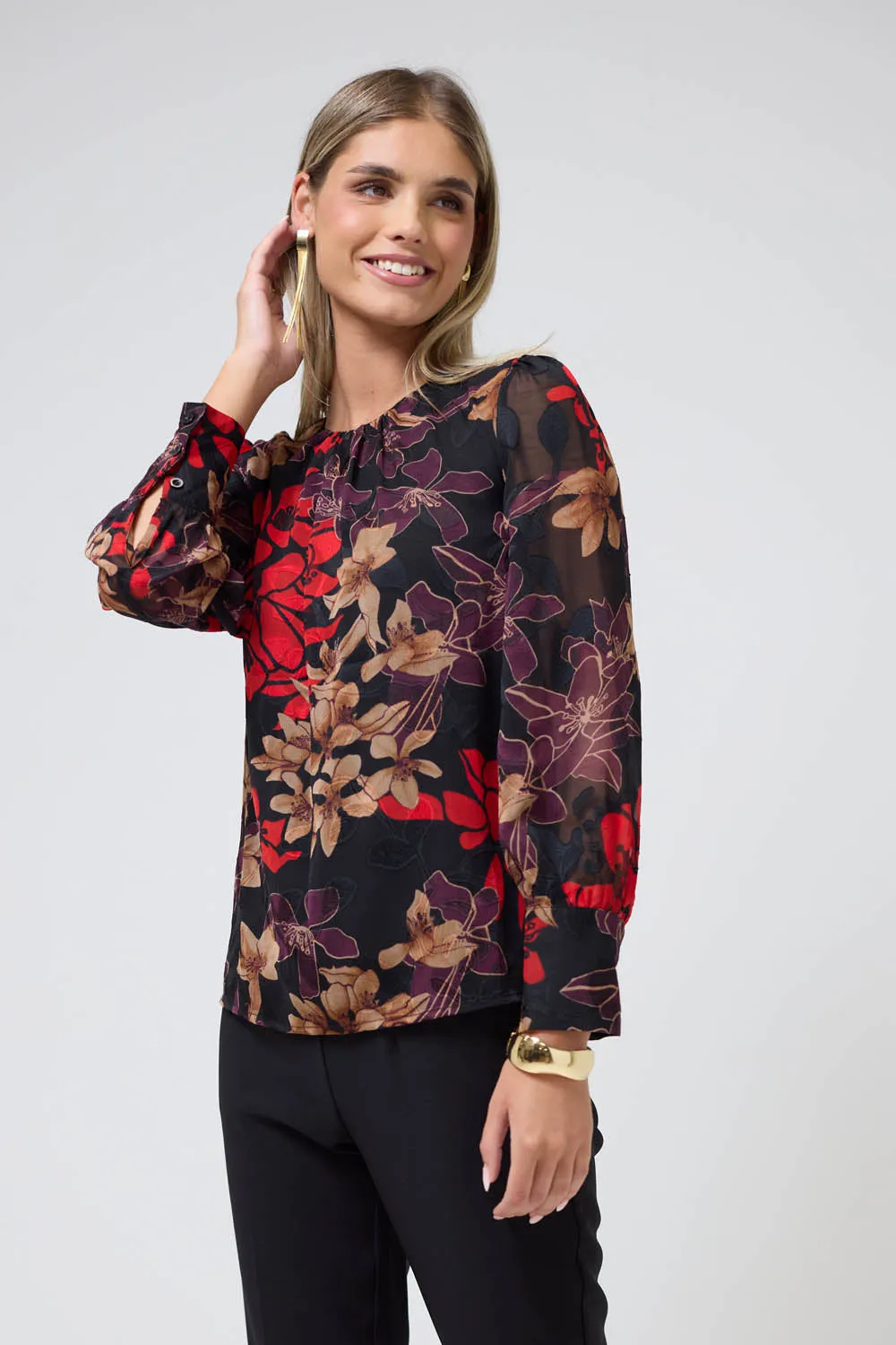 Monique Devore Floral Long Sleeve Blouse in Red