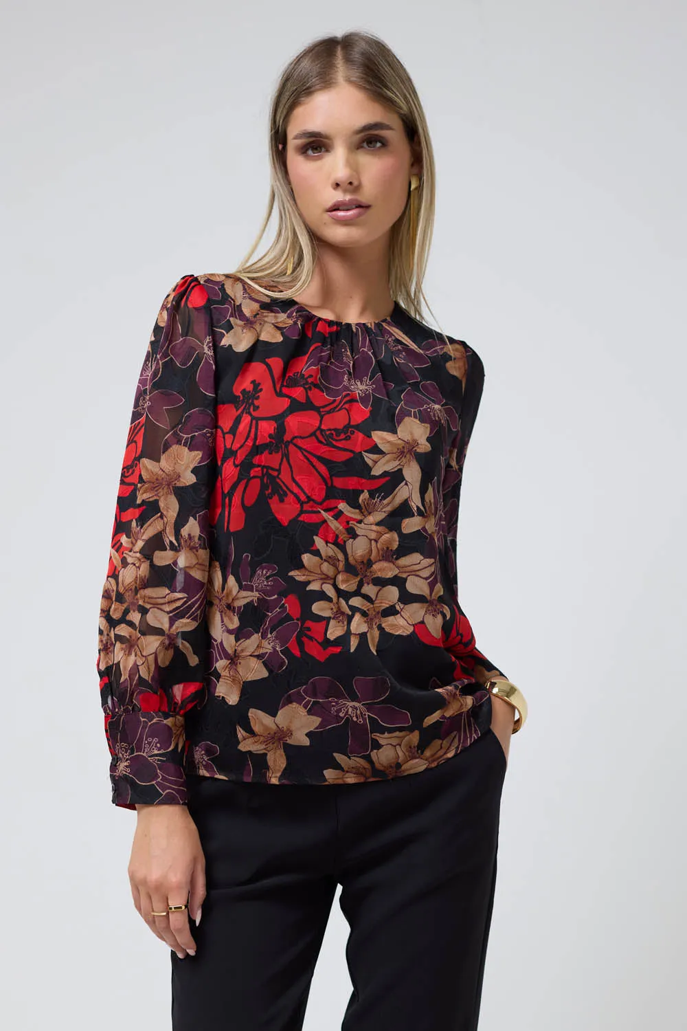 Monique Devore Floral Long Sleeve Blouse in Red