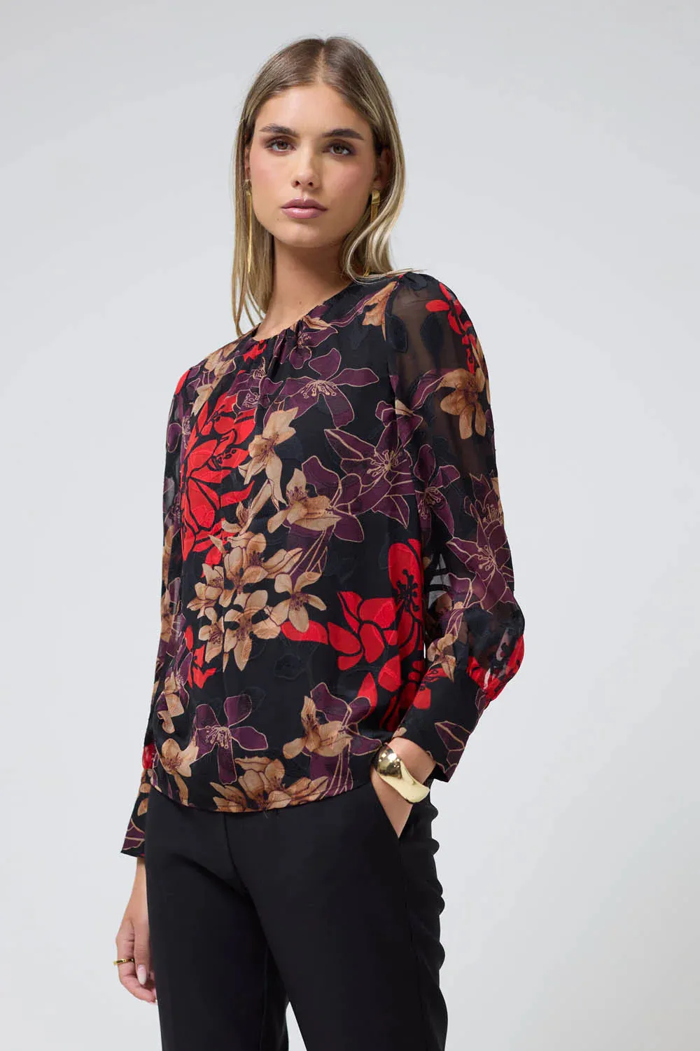 Monique Devore Floral Long Sleeve Blouse in Red