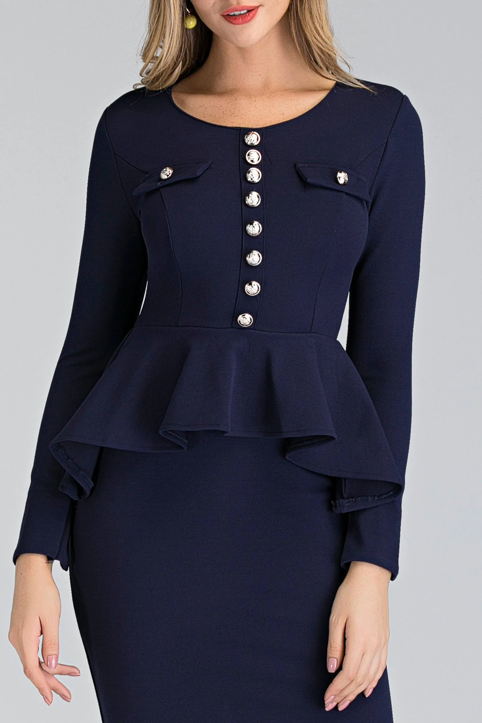 Navy Blue Sleeved Peplum Maxi Sheath Dress