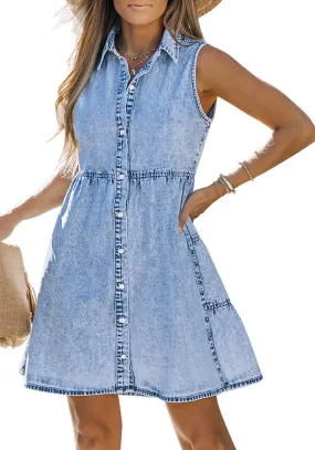 Roadknight Blue Denim Dress for Women Sleeveless Babydoll Button Down Short Jean Dresses Cute Summer