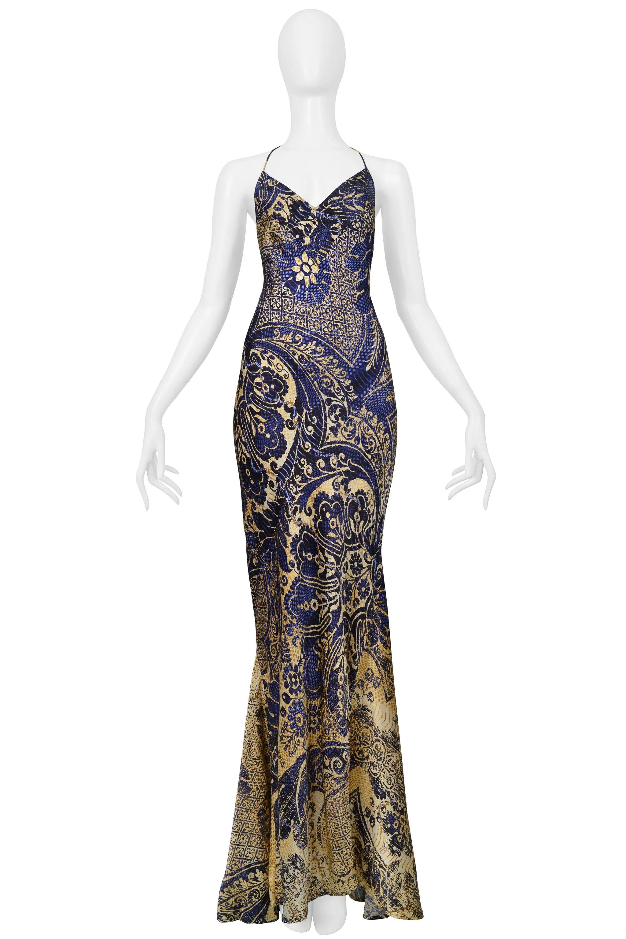 ROBERTO CAVALLI BLUE & GOLD BATIK PRINT MERMAID DRESS 2005