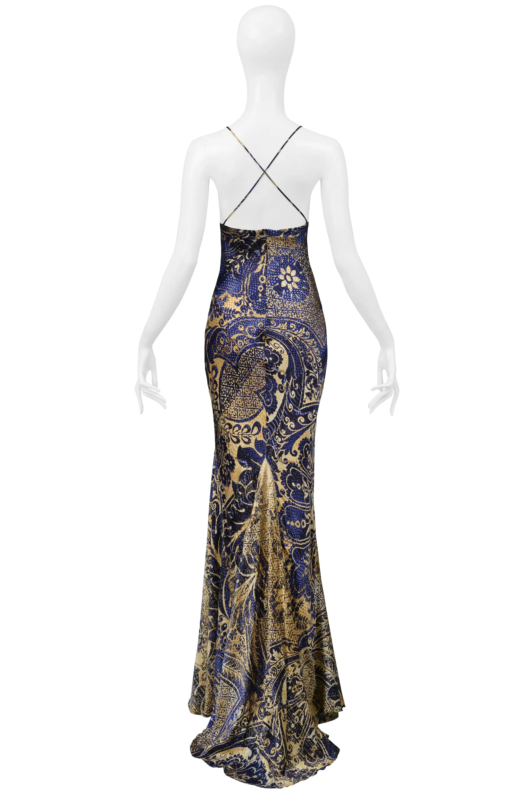 ROBERTO CAVALLI BLUE & GOLD BATIK PRINT MERMAID DRESS 2005