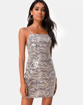 Selana Bodycon Dress in Tiger with Clear Sequin