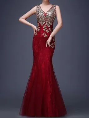 V-Neck Applique Mermaid Evening Dress