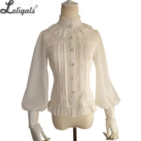 Vintage Women's Chiffon Blouse Sweet Long Lantern Sleeve High Collar Shirt with Lace Detailing