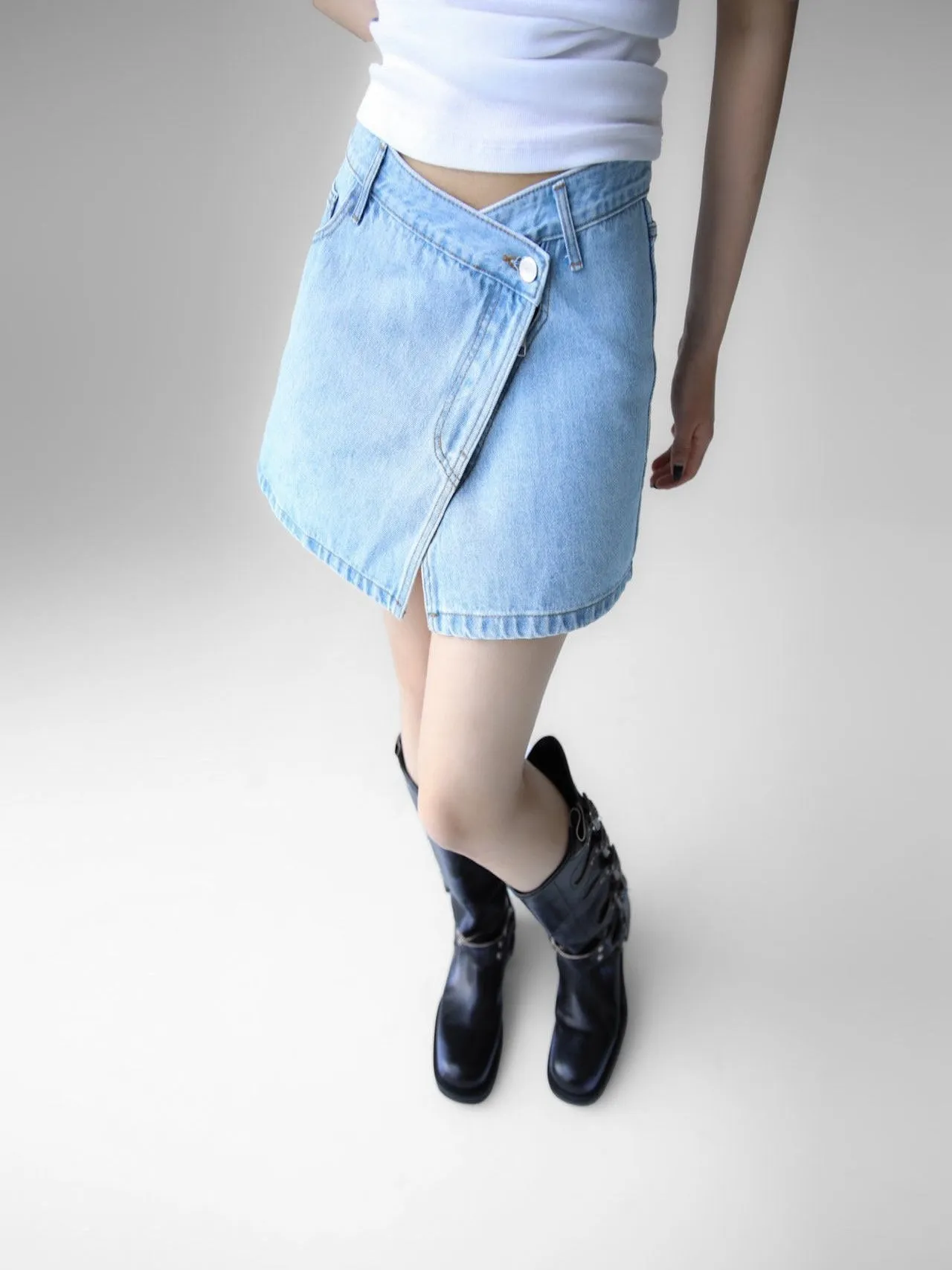 WASHED DENIM WRAP SKIRT