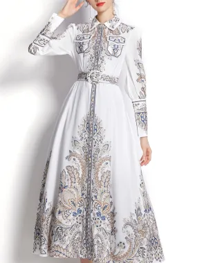 White Flower High Neck Floral Print Trumpet Sleeve Bohemian Dress Maxi Dress