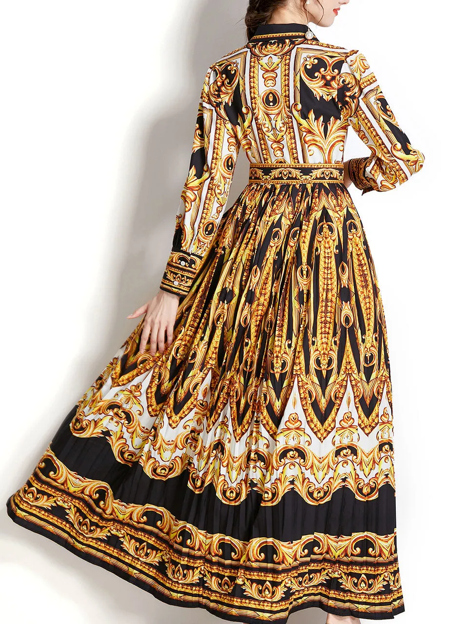 Yellow Turn Down Collar Floral Print Trumpet Sleeve Bohemian Dress Maxi Dress