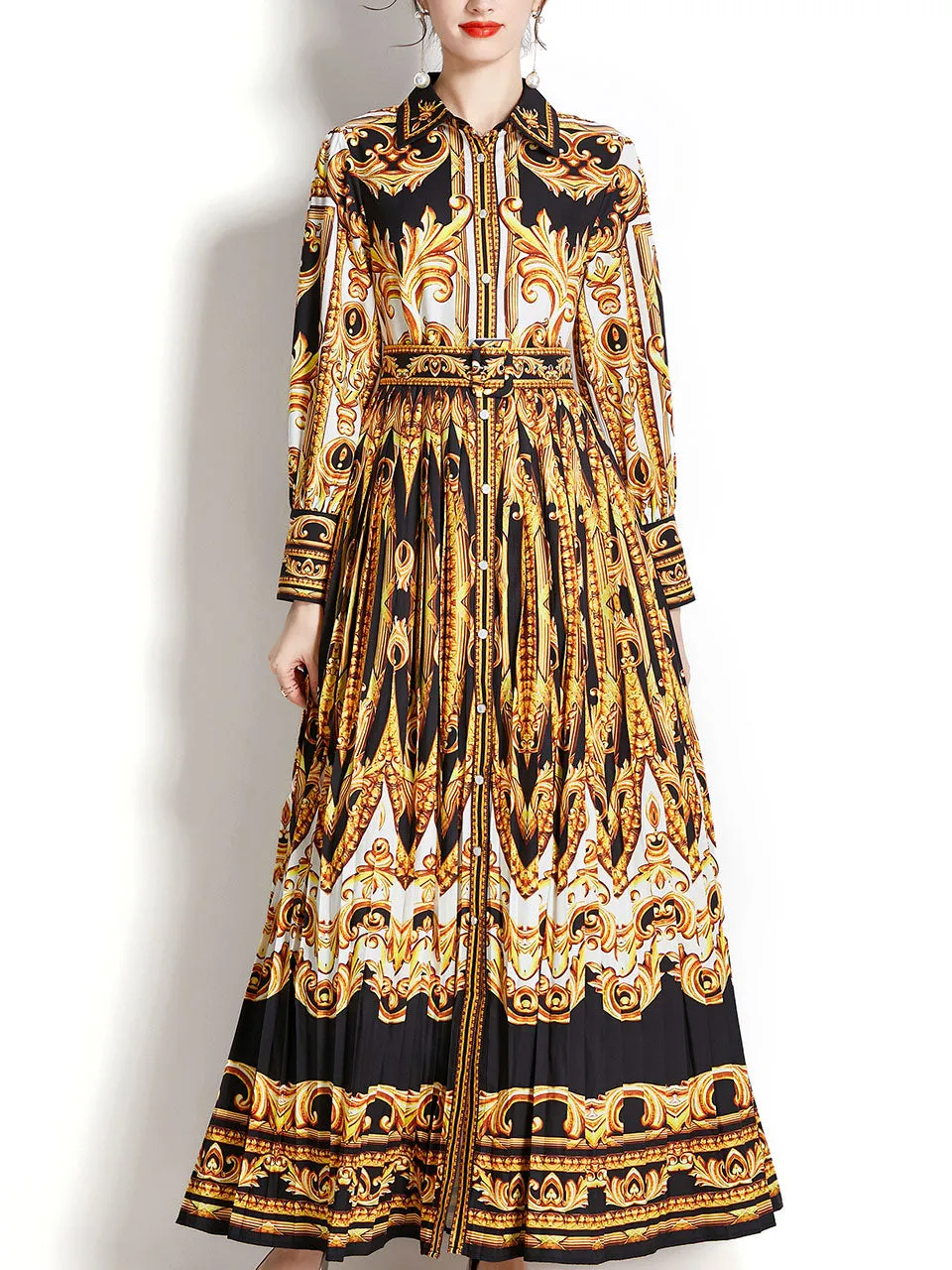 Yellow Turn Down Collar Floral Print Trumpet Sleeve Bohemian Dress Maxi Dress